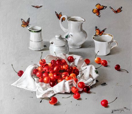 1.1.Still Life with Cherries, 35x490.2024.oil on linen.
